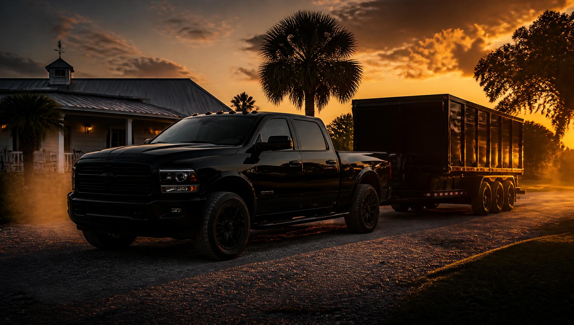 Iron Oak Hauling truck and dump trailer at sunset